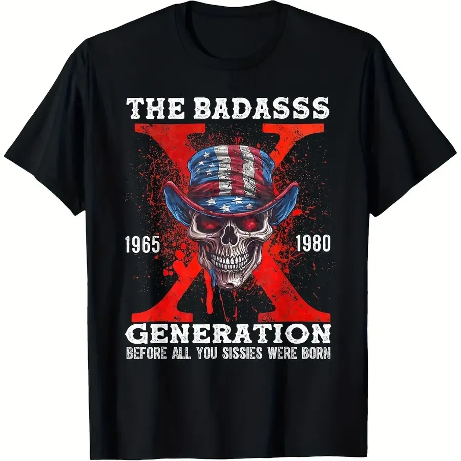 【New Arrival】Unisex Gen X 1965-1980 American Flag Skull With Hat Graphic T-Shirt Retro Patrioti... product image
