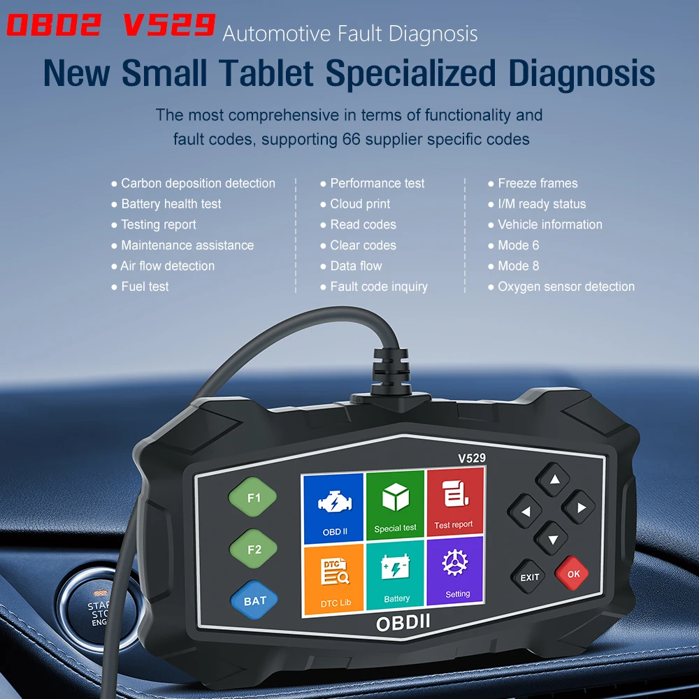 

V529 OBD2 Scanner - Handheld Transmission Battery Health Vehicle Fuel Testing Tool Fault Diagnosis Tester with Real Time Data