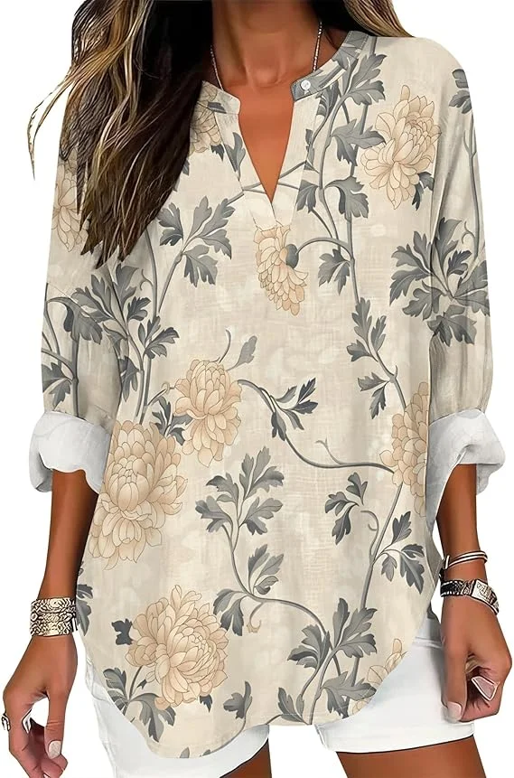 

2025 New Women's Shirt Floral Short Sleeve Flowy V-Neck Office Business Shirt Women's Casual Top