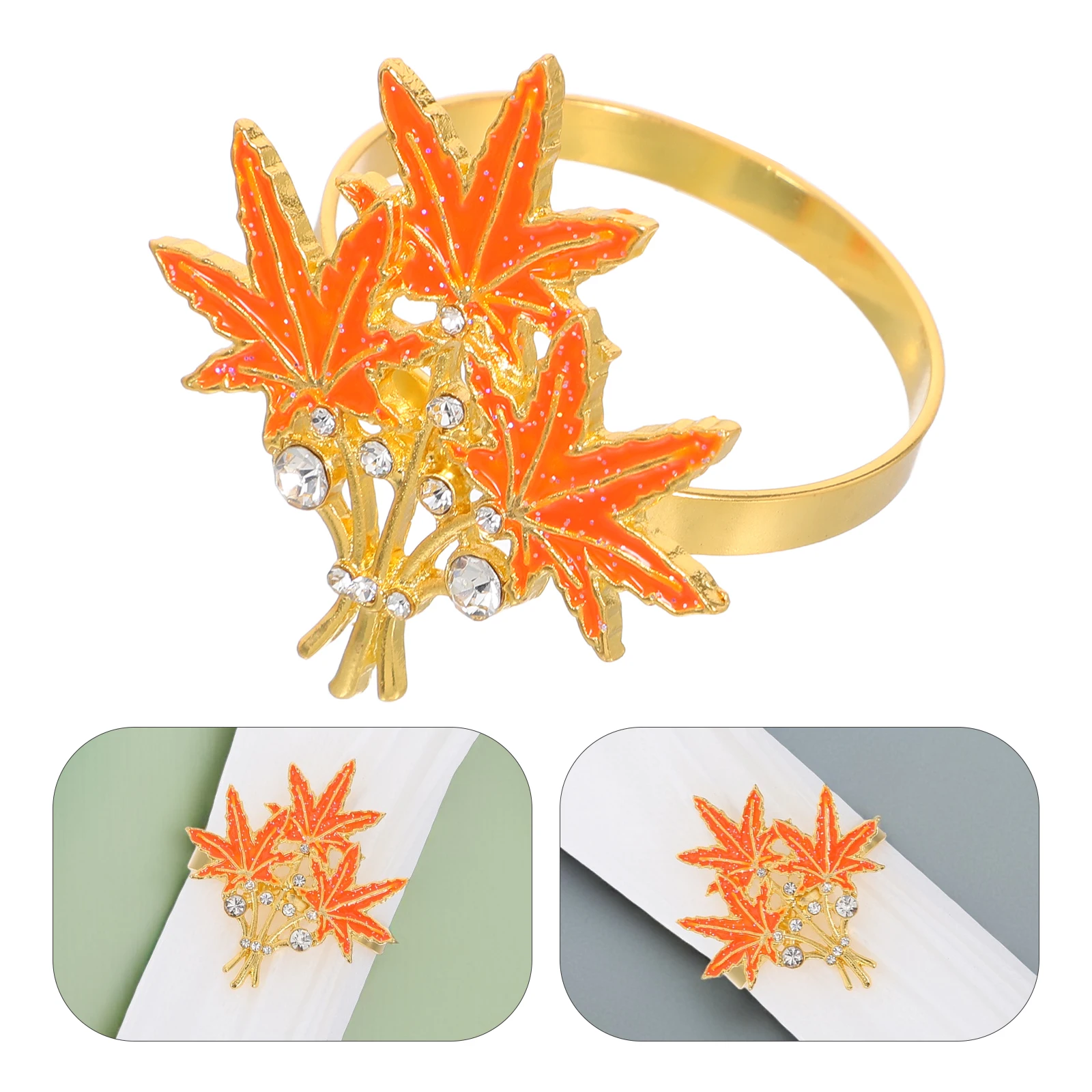 

6pcs Maple Leaf Rings Thanksgiving Rhinestone Metal Buckles Festive Table Decor Holiday Parties Formal Events
