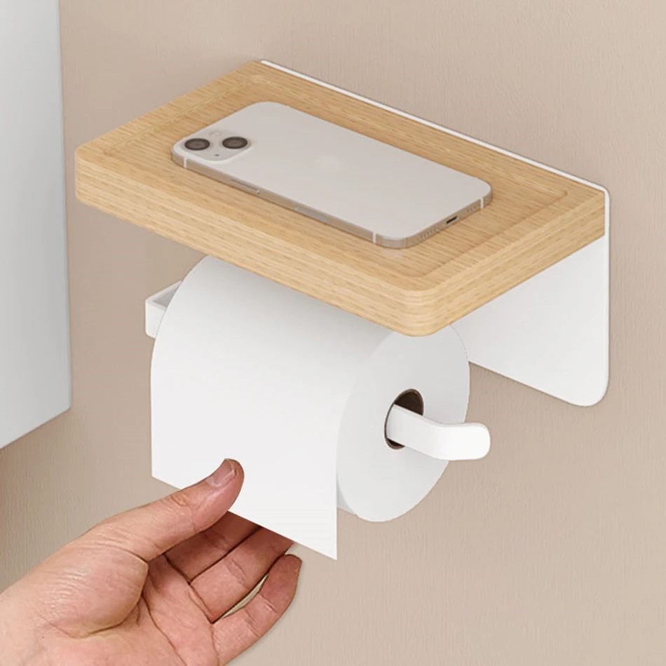 Paper Holder with Shelf White Aluminum Wall Mounted Creative Wood Toilet Paper Roll Rack Storage Tissue Holder for Bathroom WC