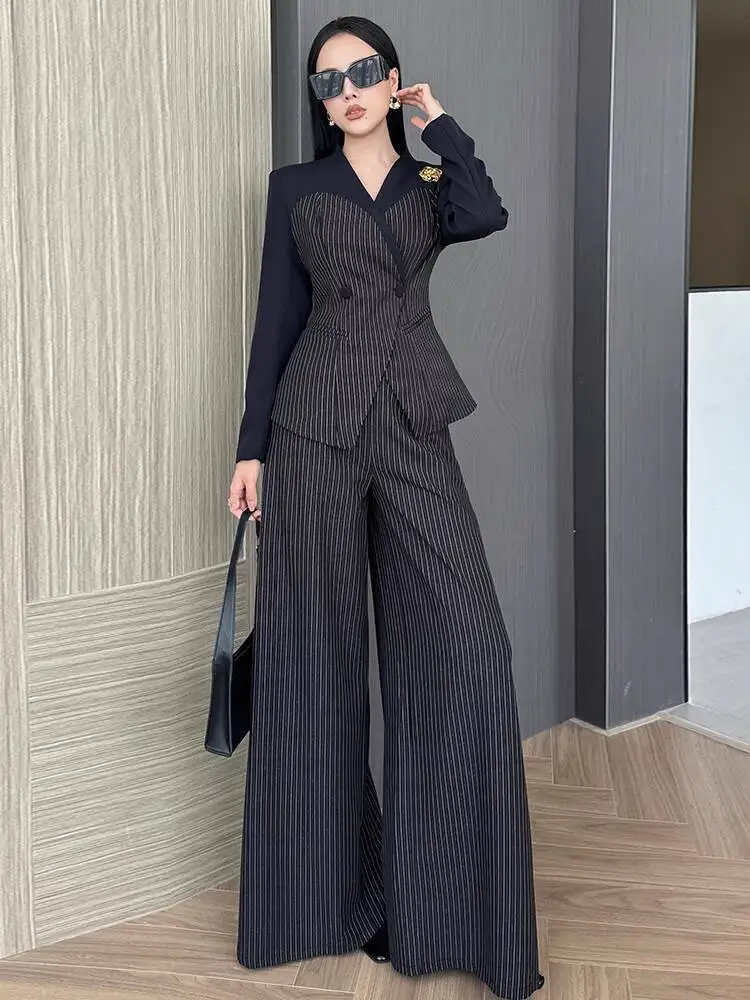 BEWQ moda mujer 2 uds conjunto con cuello en V manga larga Patchwork raya cintura Blazer pantalones sueltos traje de oficina para mujer 2025 otoño nuevo