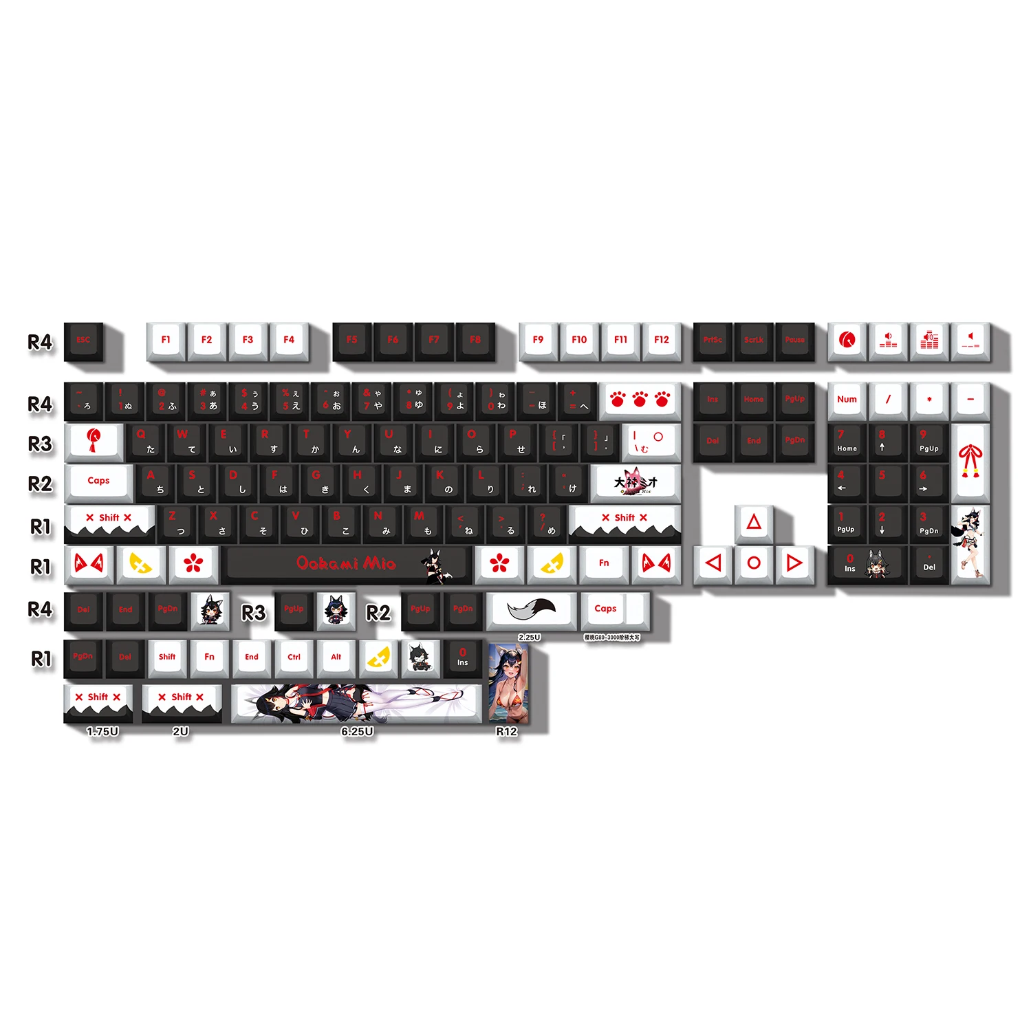 Ookami Mio 132 Key Cap Vtuber Hololive Key Cover PBT DYE Sublimation Cherry MX Cross Axis Switch Keycap for Mechanical Keyboard