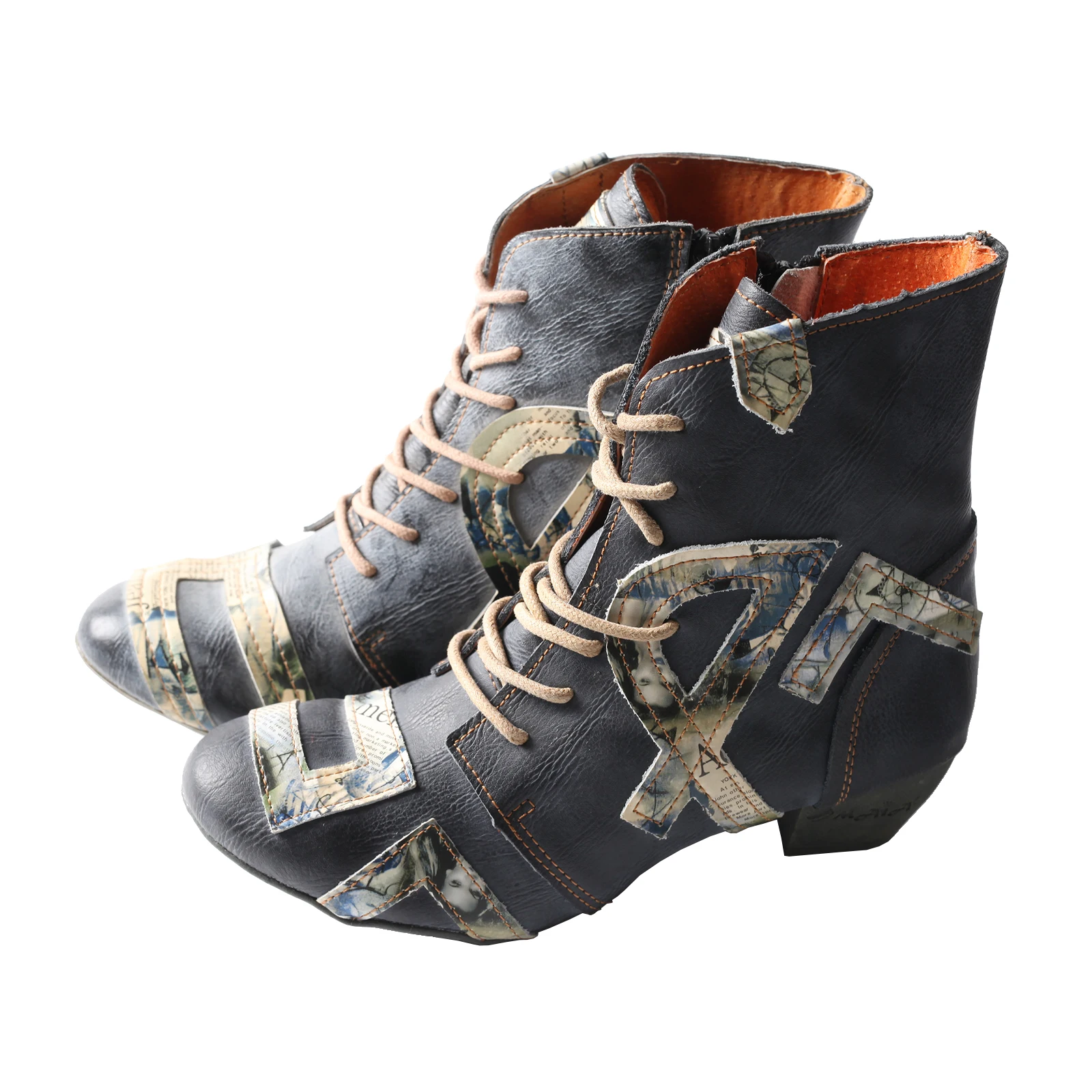 SHOELAND Fashion Niche Newspaper Pattern Decal Leather Women's Handmade Sewn Boots
