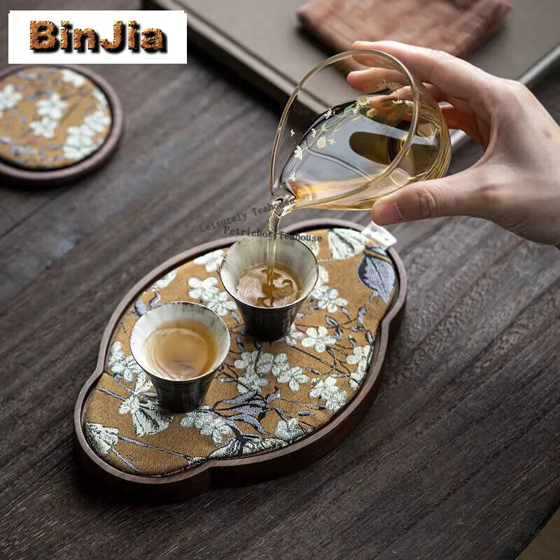 Bamboo Handmade Tea Table Mats Household Embroidered Begonia Tea Flag Zen Drink Coaster Dinner Table Cloth Mat Tea Ceremony Gift view 5