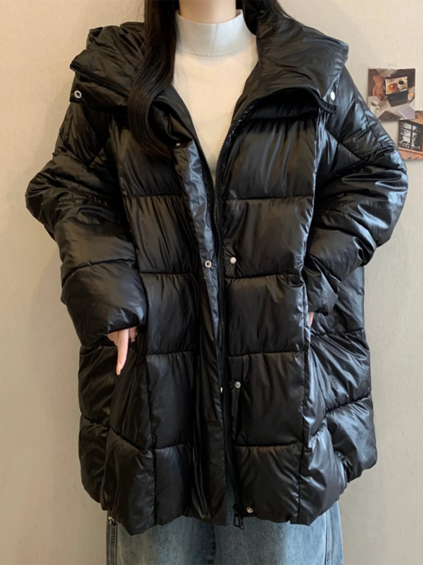 

High-End Glossy Bla Cotton Jaet Women's oulder-Length Warm Coat Winter Faion plus Size Comfortable Korean Sle