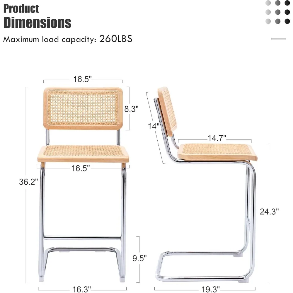 Bangku Tinggi Konter Rotan Alami, Kursi Bar Boho Set 2 dengan Punggung Kayu, Kursi Bar Modern 24 Inci, Tidak Bisa Abad Pertengahan
