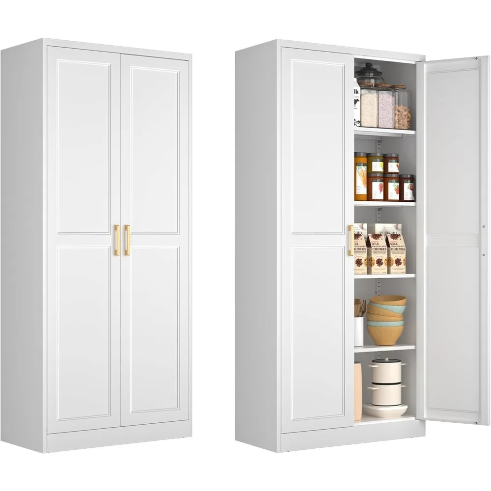 

White Kitchen Pantry Cabinet, 71 Inch Tall Metal Storage Cabinet with Doors and Shelves, Pantry Cabinets for Kitchen Storage, Fr