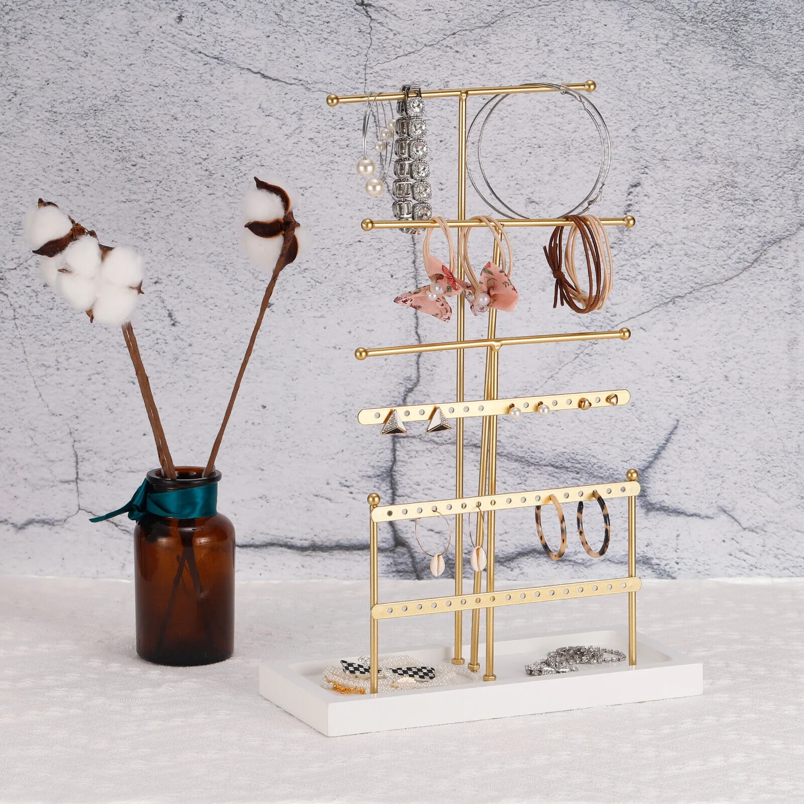 

Jewelry Stand Holder, 6 Tier Metal Earring Tower with Wood Tray - Gold United States