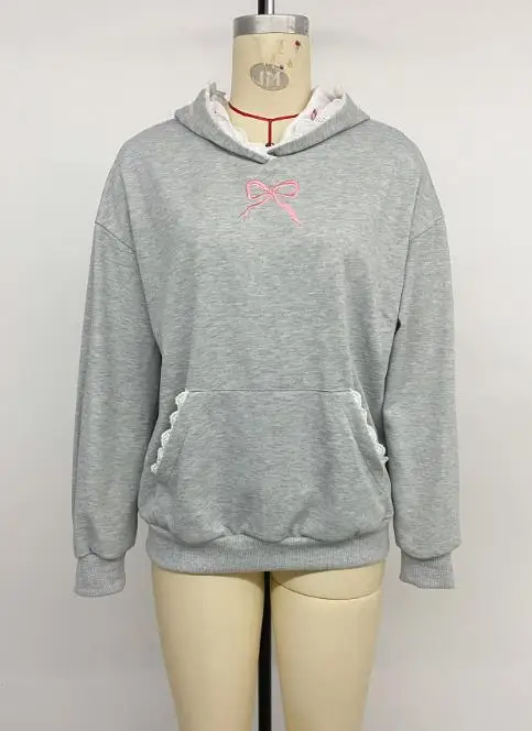 

2025 Elegant New Fashion Casual Autumn Sweet Style Lace Splicing Hoodie with Butterfly Knot Embroidery Grey Hoodie Pullover Tops