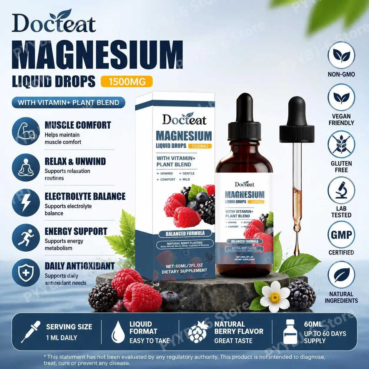 Docteat Magnesium Drops 60mL with L-Theanine & Potassium, Supports Relaxation, Muscle Comfort & Daily Mineral Balance for Adults