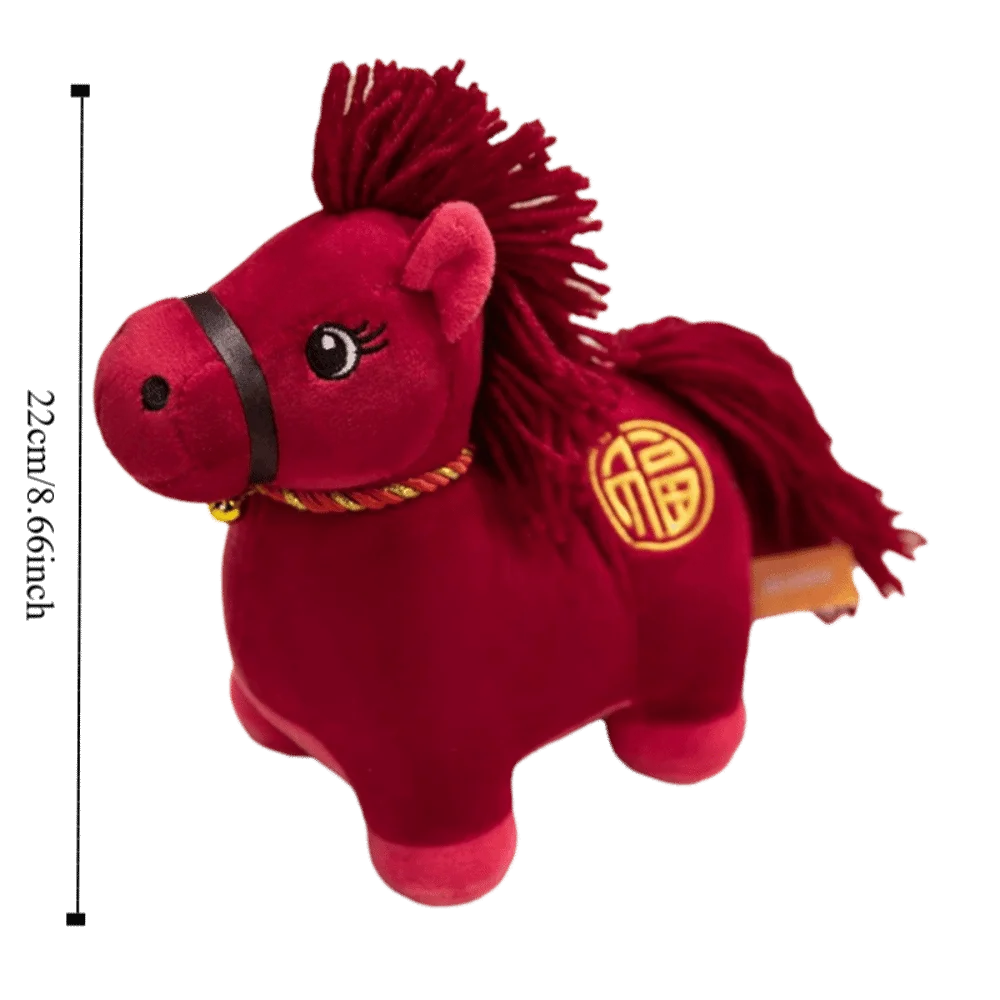 Figura de caballo del zodiaco del año 2026, estampado de letras, caballo realista, Animal relleno, muñeco de caballo decorativo de peluche suave
