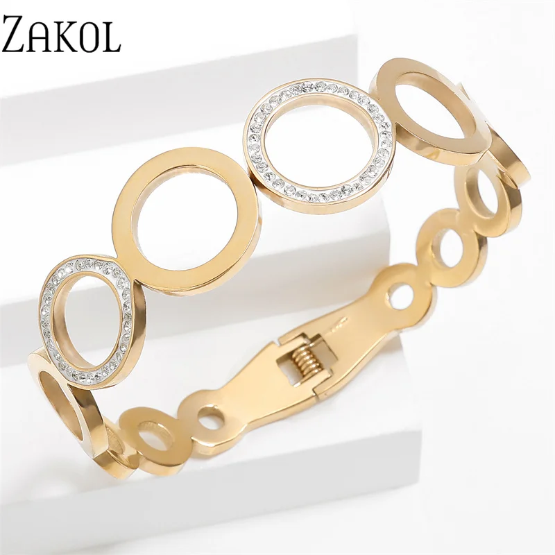 ZAKOL Fashion Geometry Cutout Zircon Bangles for Women Simple Stainless Steel Bracelets Party Daily Jewelry