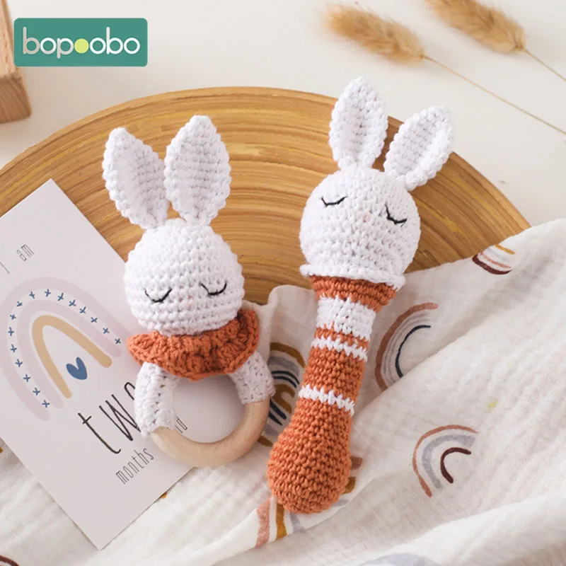 

1pc Baby Rattles Crochet Bunny Rattle Toy Wood Ring Baby Teether Rodent Baby Gym Mobile Rattles Newborn Educational Toys