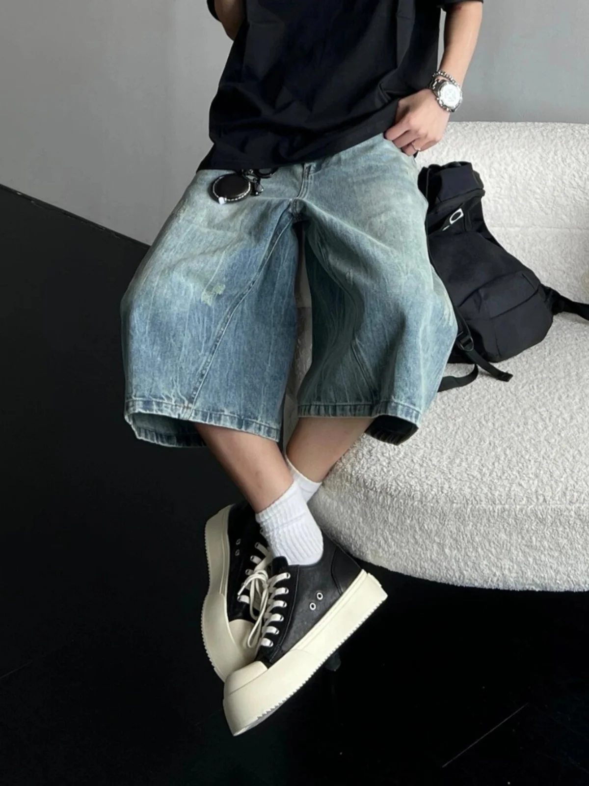 الأمريكية الرجعية Waed مستقيم الساق الرجال الجينز فضفاض خدش الإحساس سبعة أقدام السراويل عالية الخصر الشباب الصيف Faion