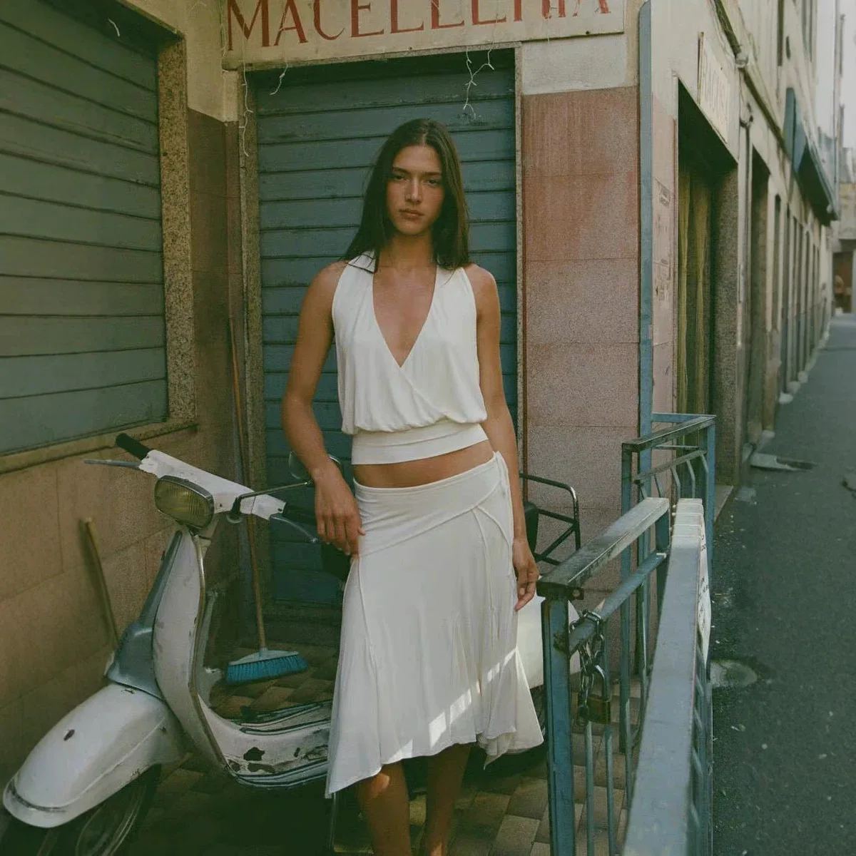 Women White Halter Deep V Two Piece Set Sleeveless Crop Top Asymmetrical Midi Skirt Breathable Casual Beach Party Outfit