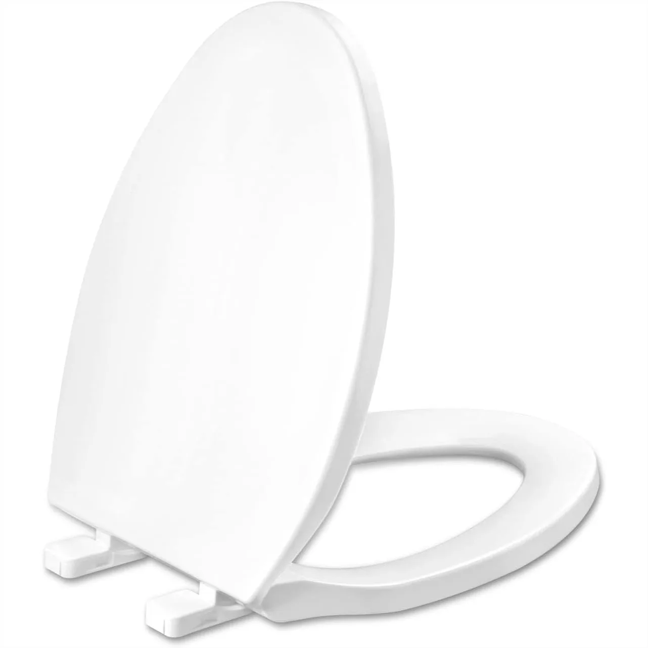Elongated Toilet Seat with Soft Close Hinges, Easy Clean Quick-Release Design, Non-Slip Bumpers, Durable White Plastic