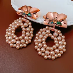 Round Rhinestone Pearl Flowers Dangle Earrings for Women Vintage Exaggerated Personality Fashion Temperament New in Earring 2024