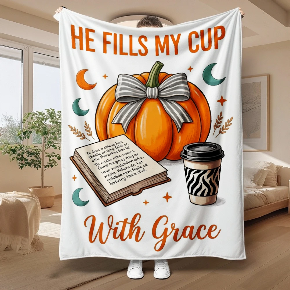 1pc He Fills My Cup with Grace Pumpkin Coffee Book Print Flannel Blanket Soft Comfortable Warm Bed Cover for Autumn Winter Living Room Bedroom Sofa Halloween Thanksgiving Christmas Festival Gift