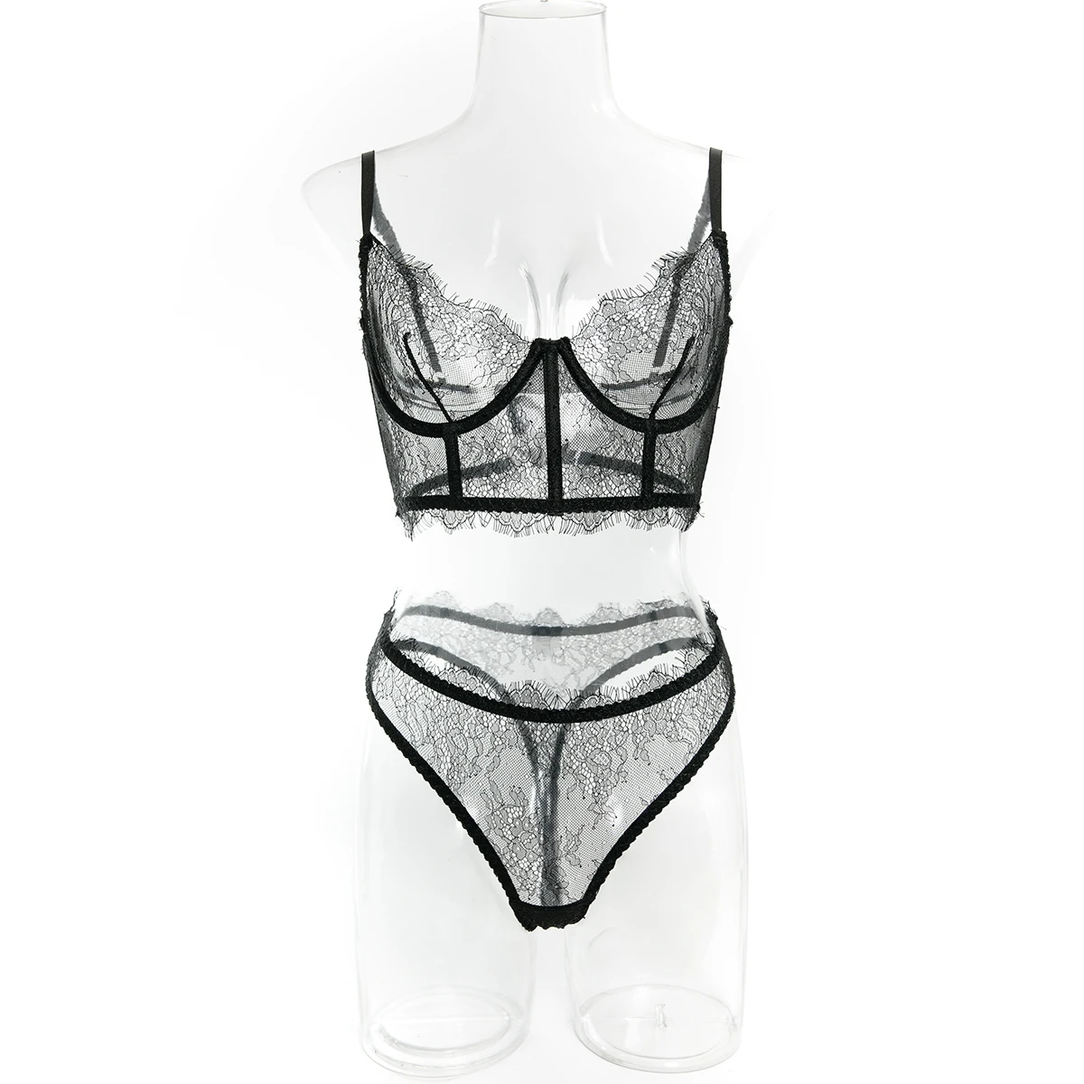 Elegant Eyelashes Lace Lingerie Set 2 PCS Sheer Corset Bra with Fishbone Design High-Cut Briefs Sexy See-Through Women Underwear