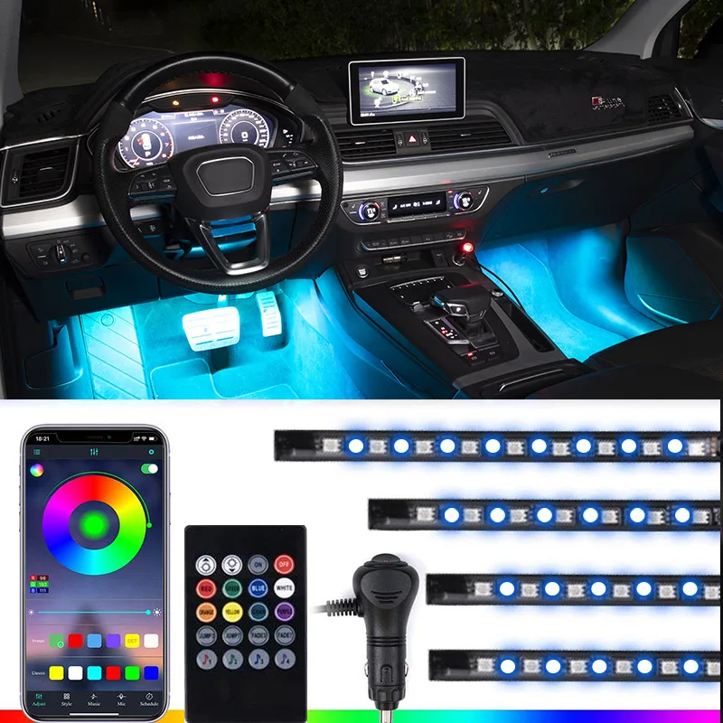 Tira de luces LED para coche, 4 piezas, 12V, Kit de iluminación interior de música Multicolor con función activa de sonido y control remoto inalámbrico