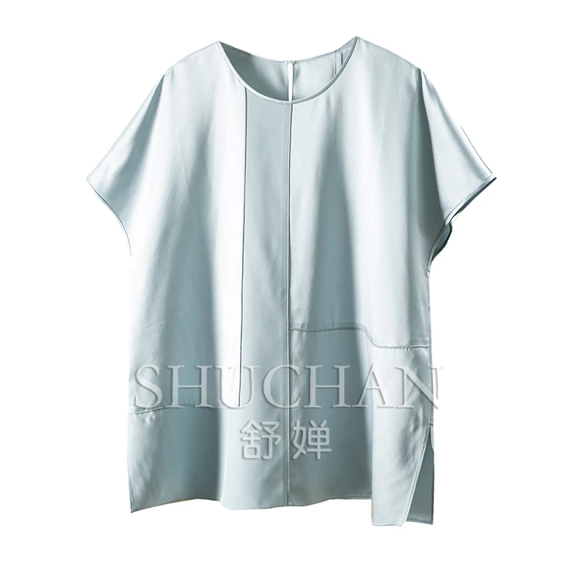 

Luxury Designer Heavy Silk Plain Satin Round Neck with Cut Sleeves Shirt Women's 74B9 Womens Tops and Blouses