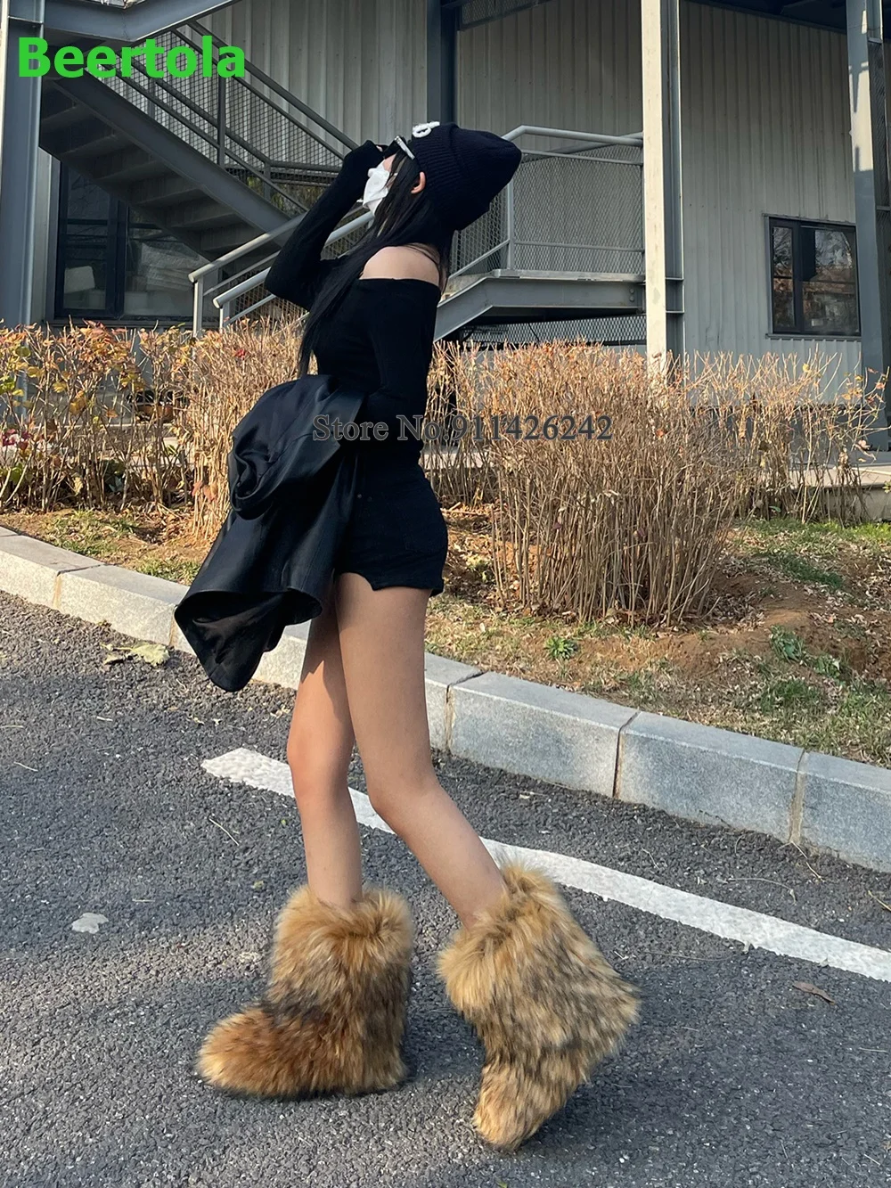 

Hairy Sexy Fur Flat Snow Boots For Female Women Round Toe Mid-calf Warmming Slip-on Winter Outside Fashion Runway Girl's Shoes