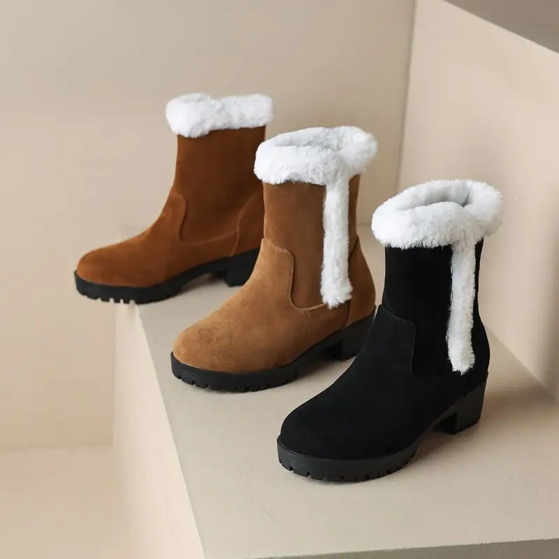 MoonMeek Large Size 34-43 New Snow Boots Women Tassel Square Low Heels Thick Fur Warm Winter Boots Tassel Ankle Boots Shoes