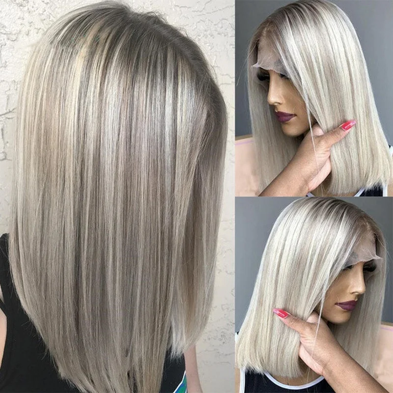Women Straight Bob Wigs Blonde Mix Brown Highlight Lace Front Wigs 13x1 T Part