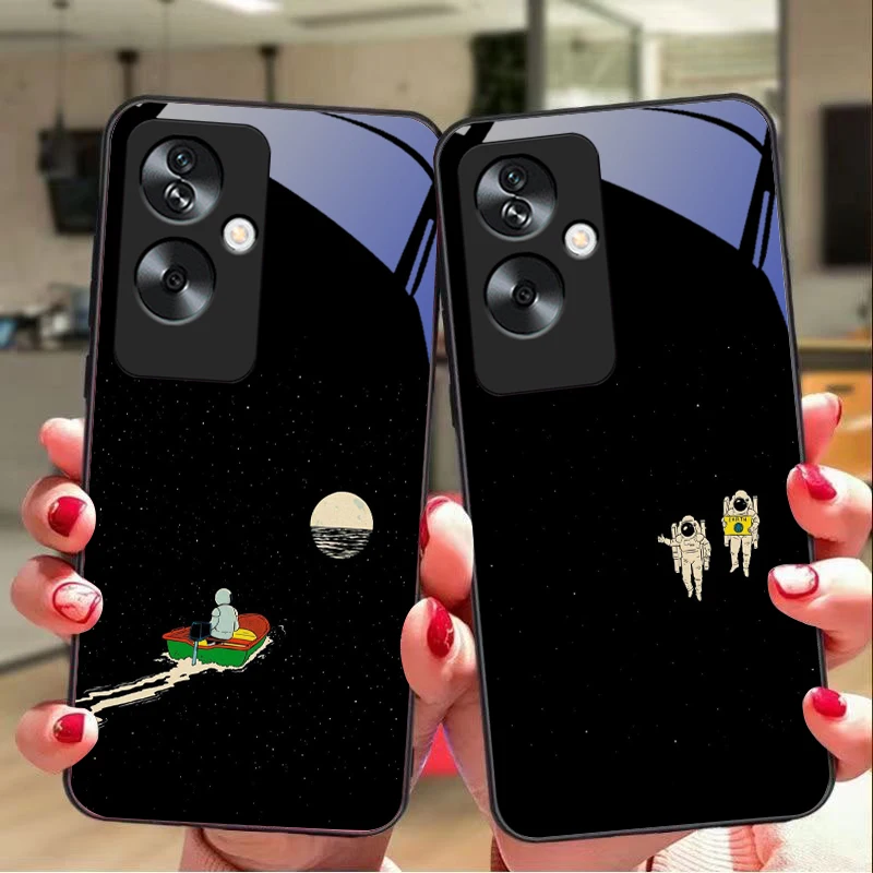 space astronaut For Oppo A79 5G 58 78 74 60 4G Reno 11F Realme GT 6 11 Note 50 10 C55 X2 Tempered glass black phone case