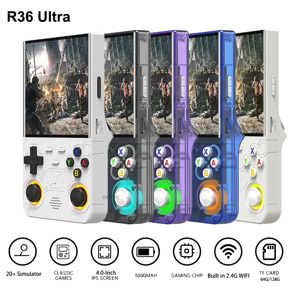 

R36 Ultra Console 4.0'' Screen Portable Pocket Retro Handheld Game Console with 20000+ Games Video Consolas RGB Light Joystick