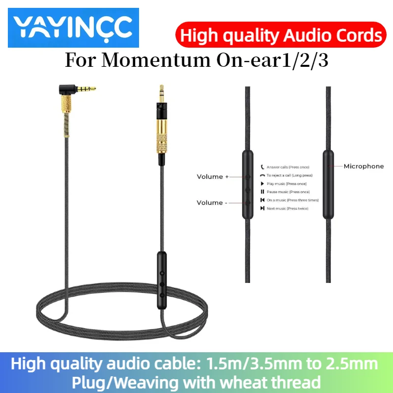 

High quality audio cable For Momentum On-ear1/2/3 Headset 3.5mm to 2.5mm plug with microphone braided wire