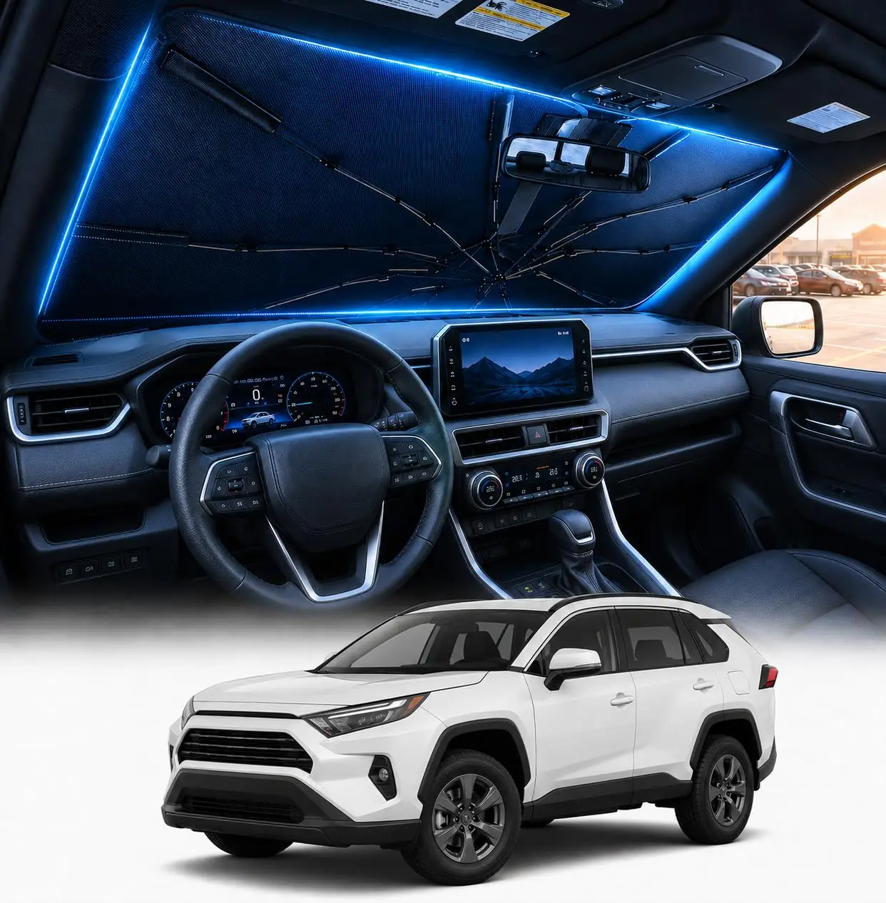 

Upgraded Custom Windshield Sunshade Umbrella For Toyota RAV4 2019–2026, Premium UV Blocking Cooling Shield With LED Trim