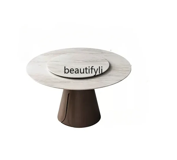 

Italian minimalist round marble dining table and chair combination round table turntable modern light luxury home
