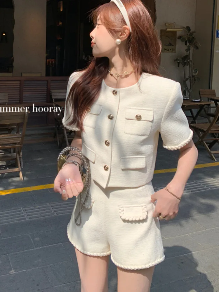 High Street French Fashion Small Fragrant Two Piece Set For Women Summer Jacket Coat + Short Suit Korean Sweet 2 Piece Pant Sets