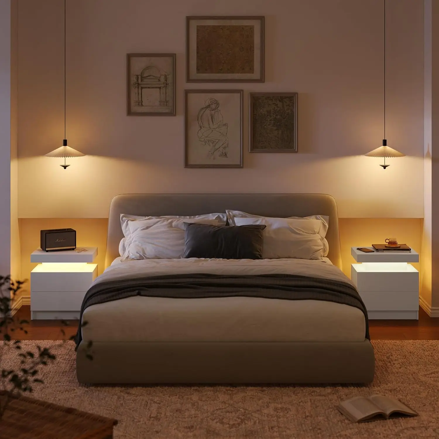 白色LEDナイトスタンド モダンなナイトスタンド 寝室用ベッドサイドテーブル 木製引き出し2つ付き サイドテーブル