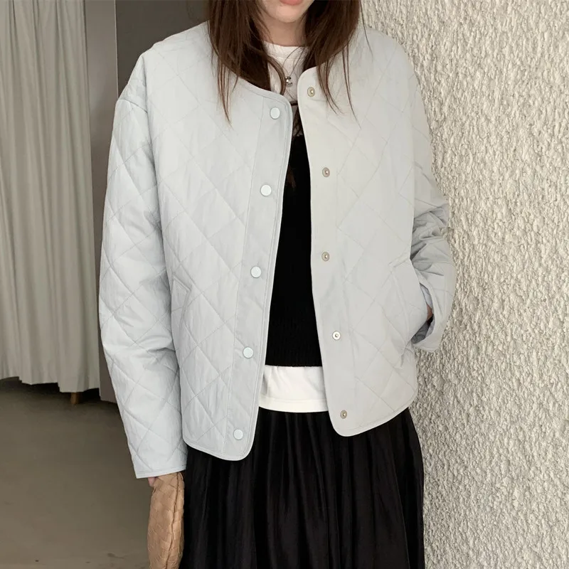 

2026 New Retro Sle Faionable round Ne Single Button Diamond Pattern ort Cotton Jaet Women's Top Quali Cotton Coat