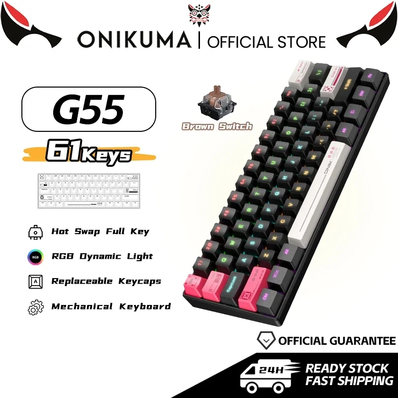 

ONIKUMA big save store Wired Gaming Keyboard 61 Keys RGB Backlit Mechanical Brown Switch Dynamic Lights Compact Size for Gamers