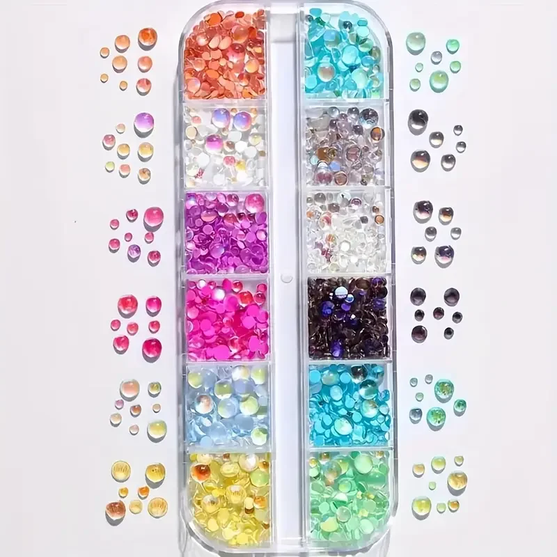 1pc 6-Grid 12 Grid Turntable Glass Nail Diamonds, 6 Styles, Rainbow Semi-Circular Mermaid Bubble Beads, Five Petal Flow