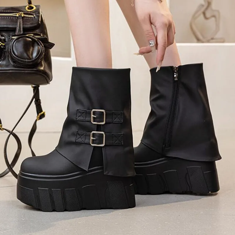 Fashion New 14cm Genuine Leather Platform Motorcycle Boots for Women Ankle Boot Autumn Winter Platform Wedge Heel Booties Female