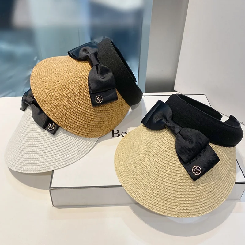 Fiocco, lettera "M", cappello vuoto, fiocco da donna, cappello di paglia parasole estivo, cappello da sole da viaggio all'aperto