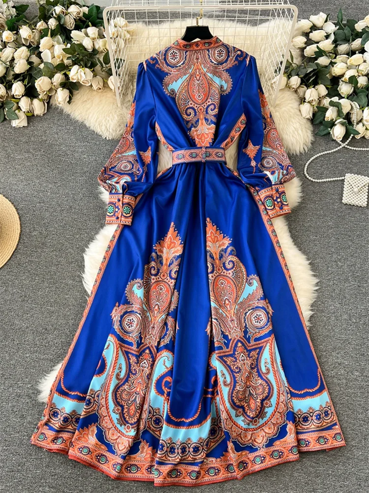 Bohemian Vintage Paisley Print Boho Long Dresses For Women Spring Long Sleeve Stand Collar Party Elegant Maxi Dress With Belt