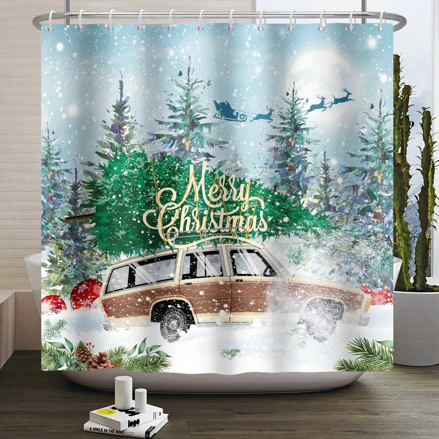 Christmas Shower Curtain for Bathroom Waterproof Decoration with Hooks Weighted Lead Hem Heavy Duty Polyester Bath Curtains