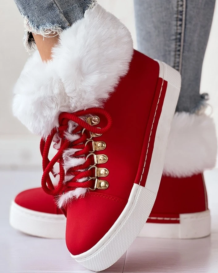 

New Fashion 2025 Casual Lace-Up Fuzzy Detail Lined Ankle Boots for Women