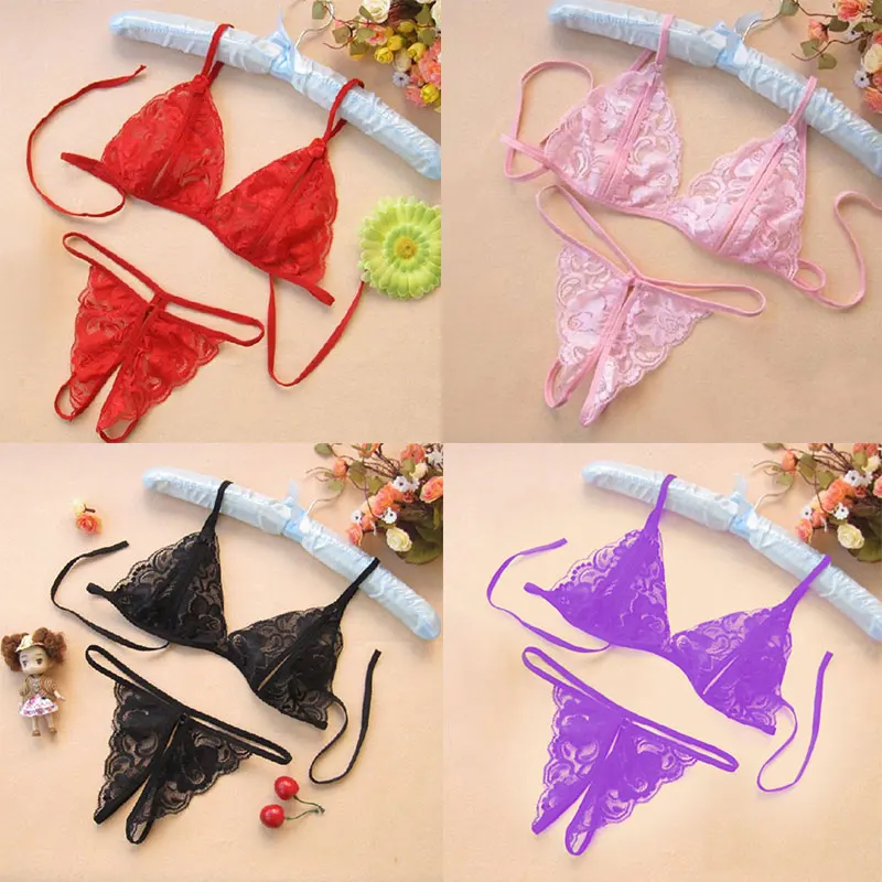 Sexy Crotchless Bra+Underwear Babydoll See Through Lace Bikini Babydoll Female Glamour Lingerie Fashion Lightweight Underwear