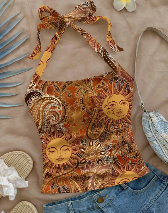 حزام علوي صيفي أوروبي وأمريكي مثير برقبة معلقة ملابس نسائية بقصة ضيقة