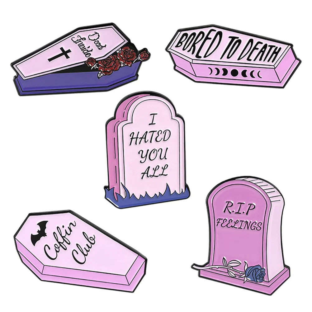 

5pcs Memorial Tombstone Brooch Pin Alloy Coffin Badge Enamel Lapel Jewelry Gift For Women Party Corsage Accessory