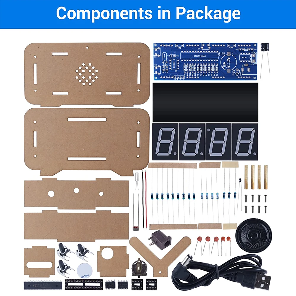 DIY Electronic Kit 4 Digital Alarm Clock LED Music Alarm Green Clock Soldering Project KitTime Date Alarm Temperature Display