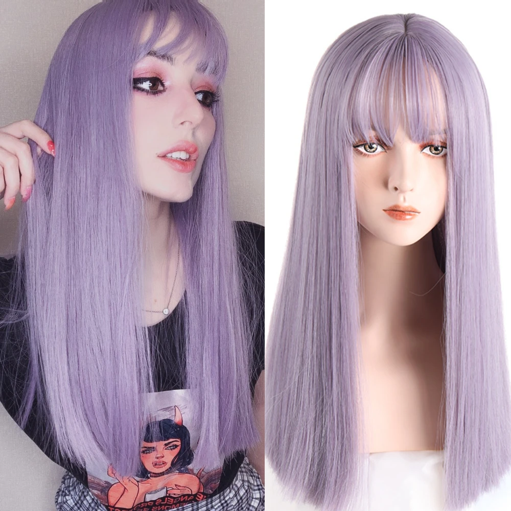 Perruque Synthétique Longue et Lisse en Fibre Haute Température pour Femme, Violet, Gris, Vert, Cosplay avec Frange