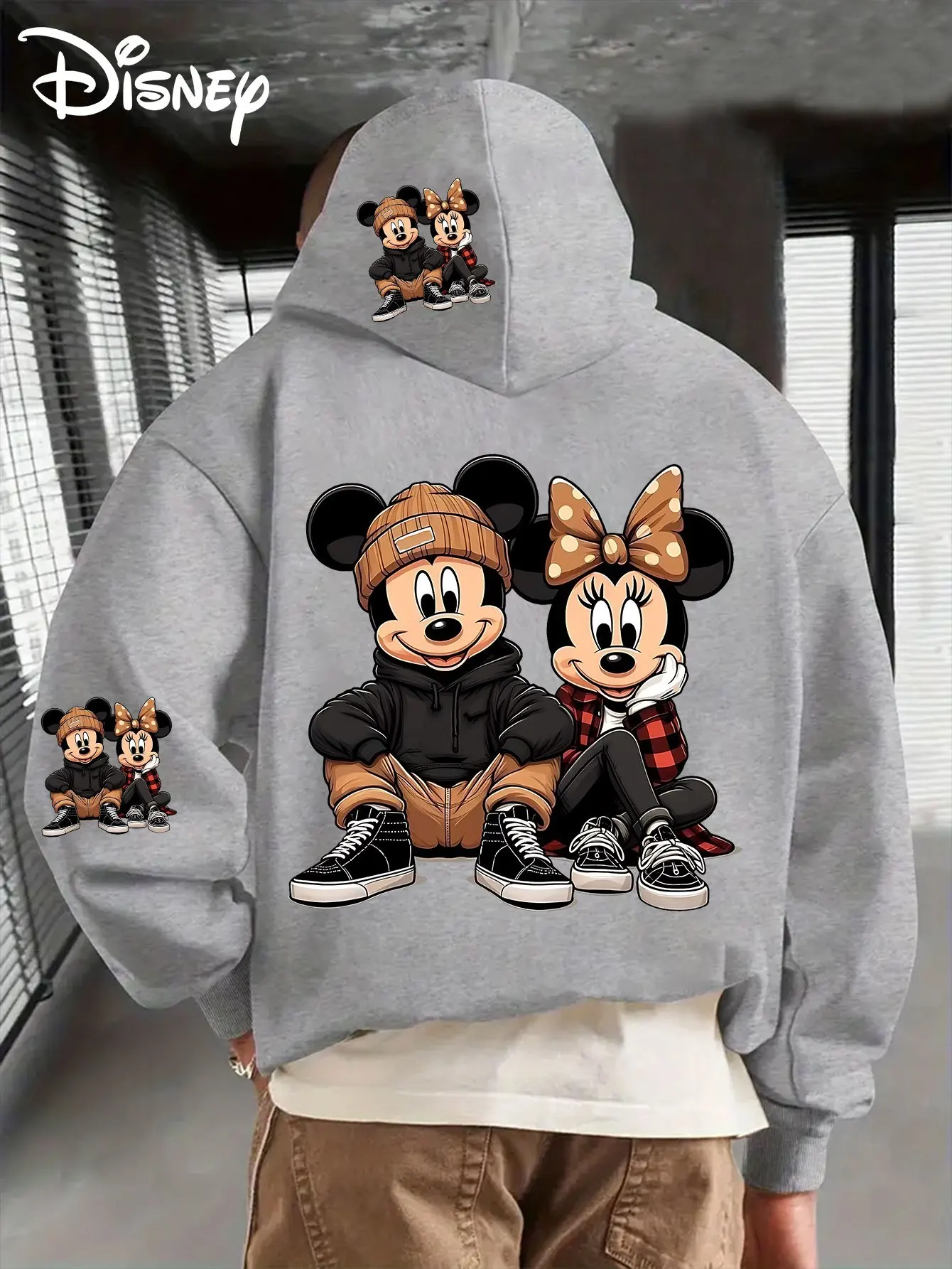 Unisex Disney Mickey Minnie Fleece-Baumwoll-Kapuzenpullover, schwarz, sitzend, Strickmütze und kariert, großer Rückendruck, Kängurutasche, lockere Passform